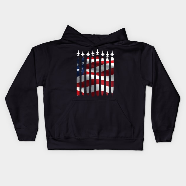 Fighter Jet Airplane USA Flag 4th Of July Patriotic Kids Hoodie by masterpiecesai